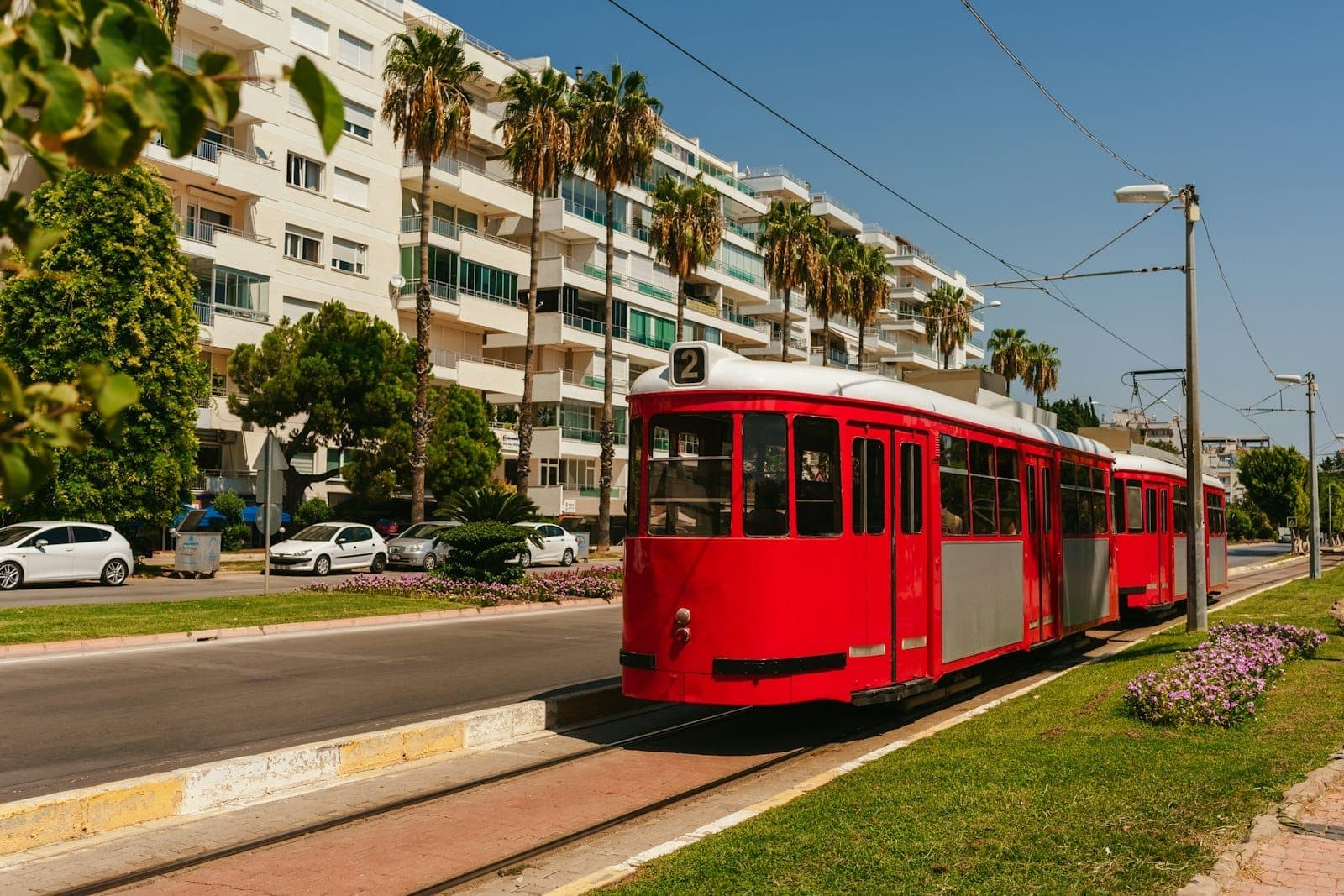 Eine leuchtend rote Straßenbahn, die auf Gleisen durch eine sonnige Straße in Antalya fährt, gesäumt von Palmen und modernen Wohngebäuden.