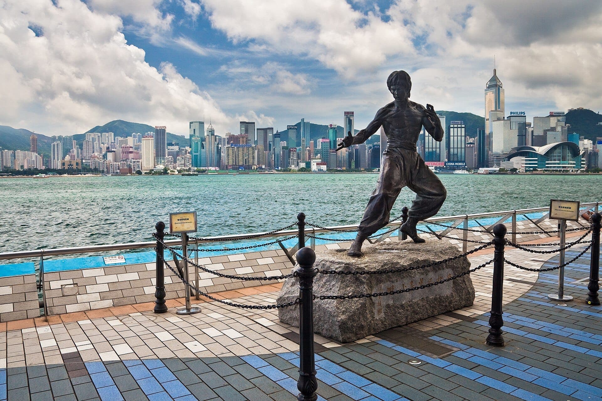 Bruce Lee bronze statue on Avenue of Stars waterfront promenade in Hong Kong's Tsim Sha Tsui district