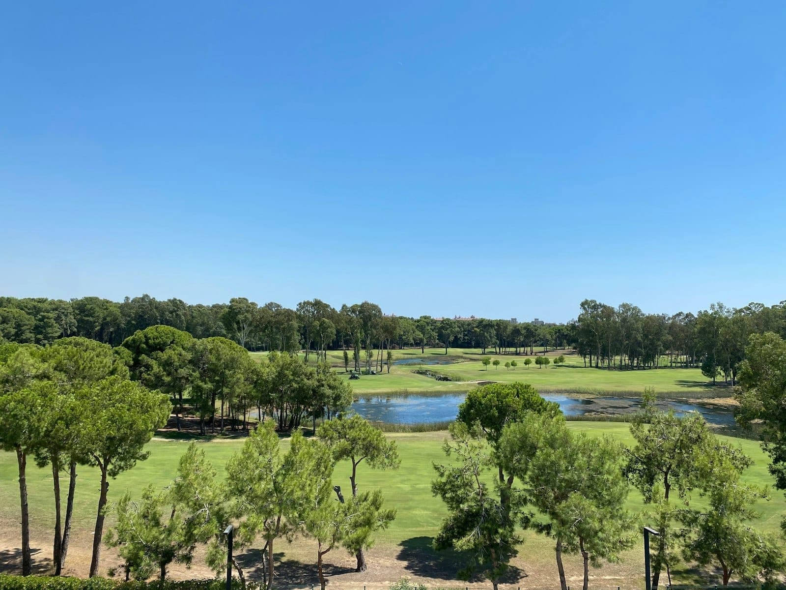 Sonniger Golfplatz in Belek mit sattgrünen Fairways, Wasserhindernissen und Kiefern unter strahlend blauem Himmel – typisch für die Landschaft und das Resortatmosphäre der Region.
