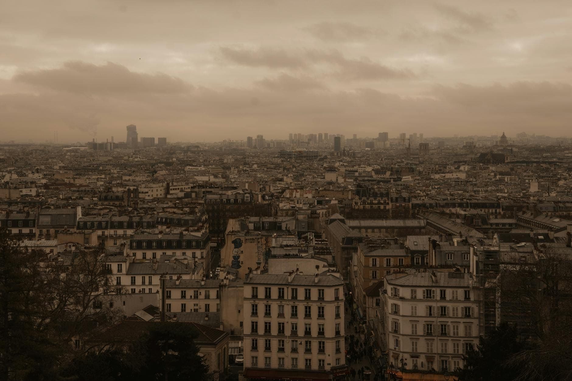 Wide cityscape view over Paris rooftops from a high vantage point under cloudy, moody skies, capturing the atmosphere and altitude of Belleville.