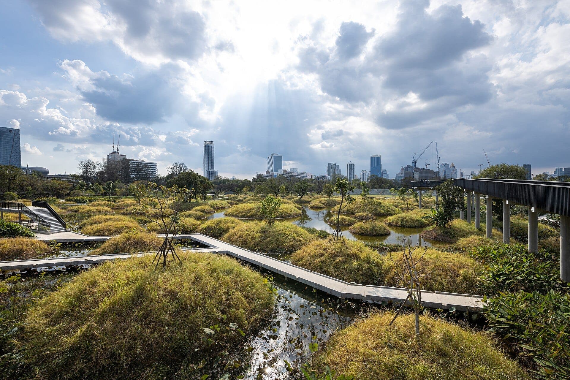Zone humide du parc Benjakitti avec passerelles sinueuses, bassins et skyline de Bangkok sous des rayons de soleil spectaculaires
