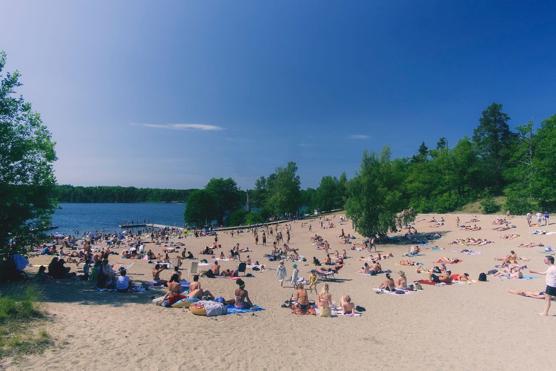 ชายหาดทรายที่พลุกพล่านริมทะเลสาบในเบอร์ลิน มีผู้คนมากมายกำลังอาบแดด ว่ายน้ำ และพักผ่อนใต้ท้องฟ้าสีฟ้าใส