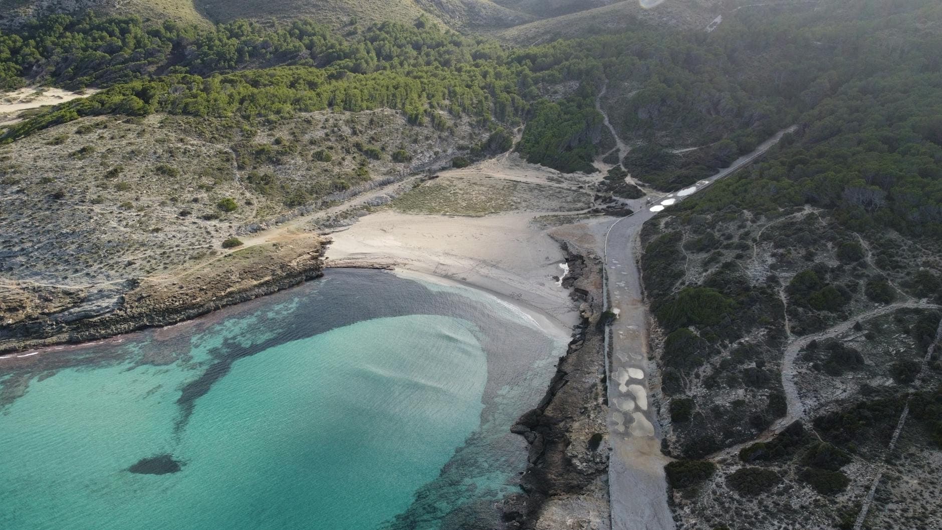 Mallorca'da turkuaz suları, kumlu kıyısı ve çevreleyen yeşil tepeleri ve ormanıyla bakir, tenha bir plajın havadan görünümü.