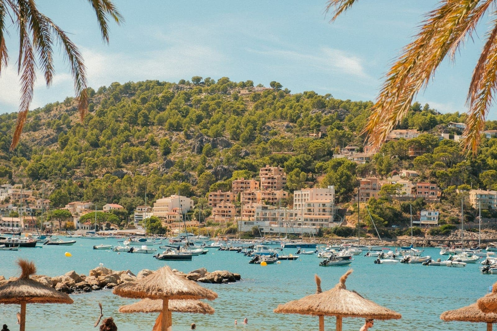 Mallorca'da tekneli, sahil köylü, çam tepeli ve hasır şemsiyeli güneşli bir plaj gününde pitoresk bir koyun manzarası.