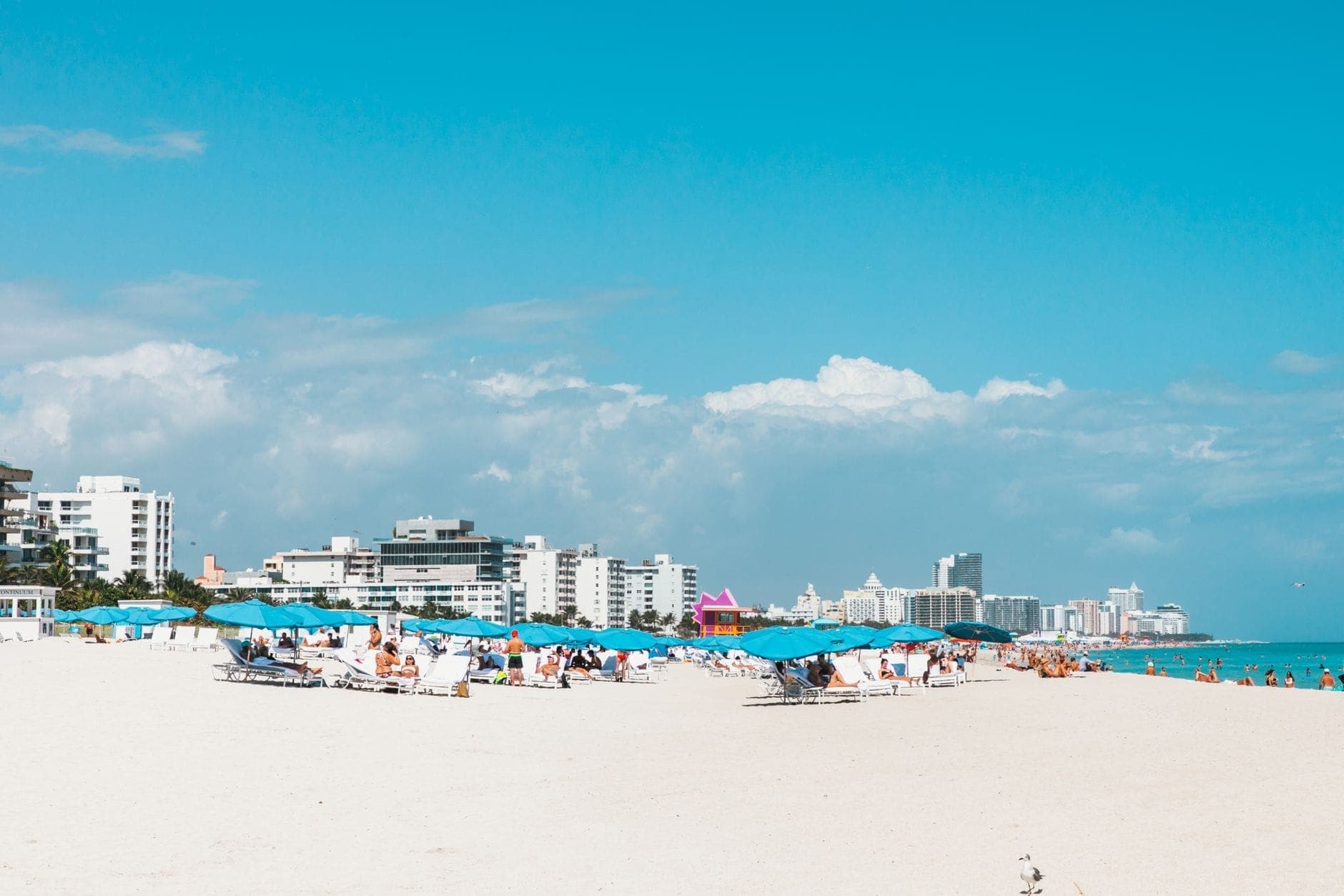Wide sandy shore of South Beach in Miami with blue umbrellas, sunbathers, and oceanfront high-rise hotels under a bright daytime sky.
