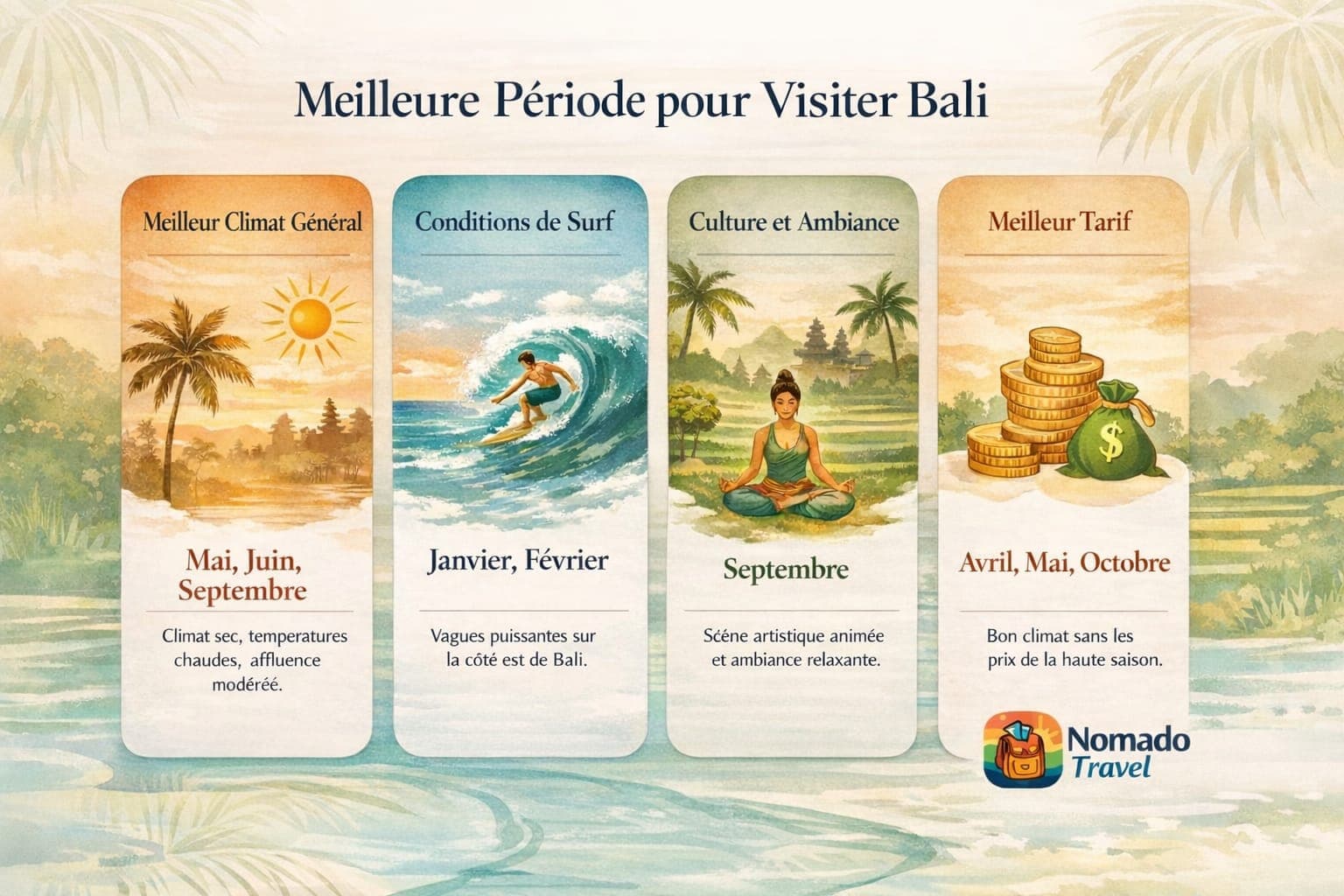 Infographie meilleure période pour visiter Bali : météo, surf, culture et budget