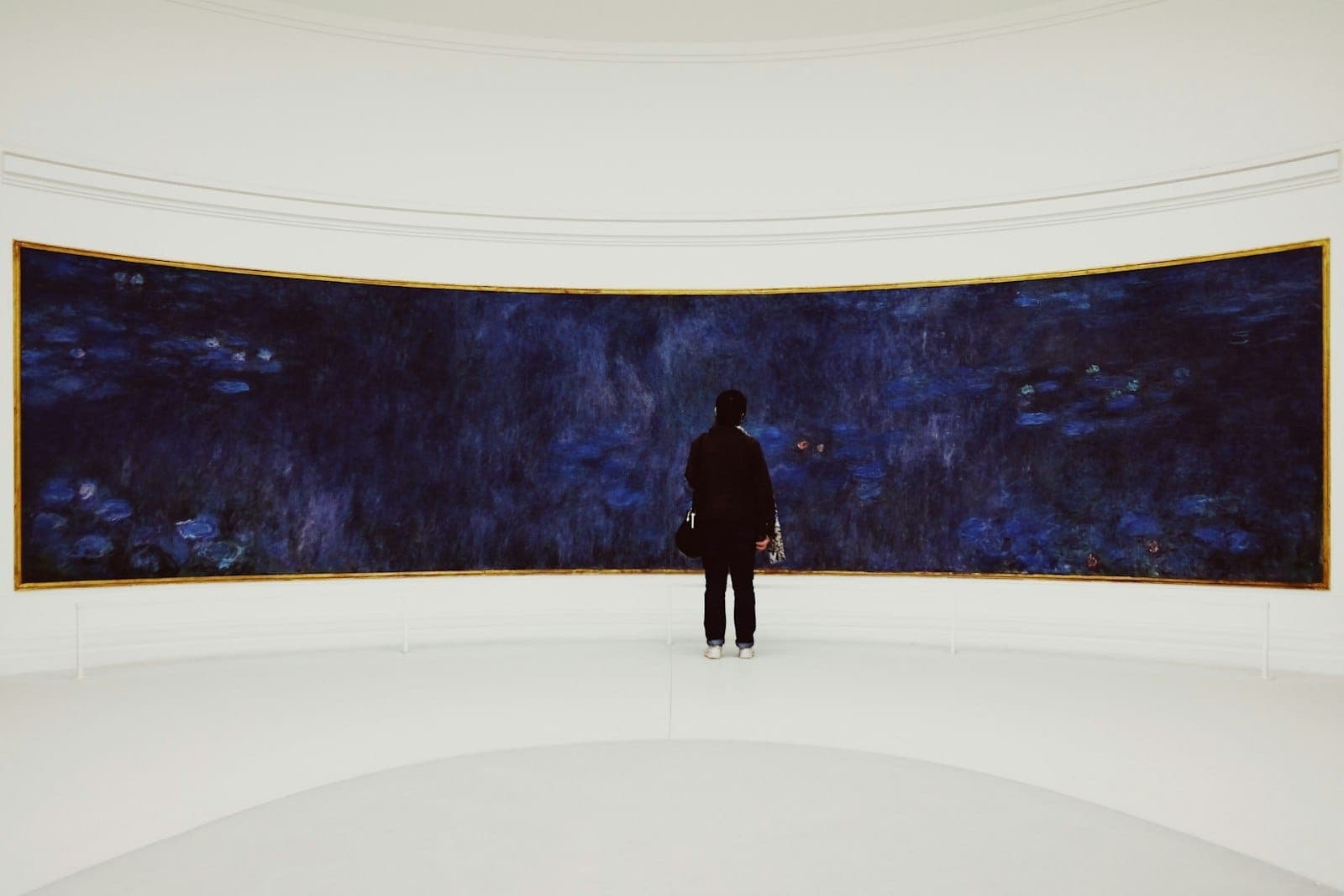 Une personne se tient dans une salle ovale blanche et contemple une longue peinture incurvée des Nymphéas de Monet au Musée de l'Orangerie à Paris.