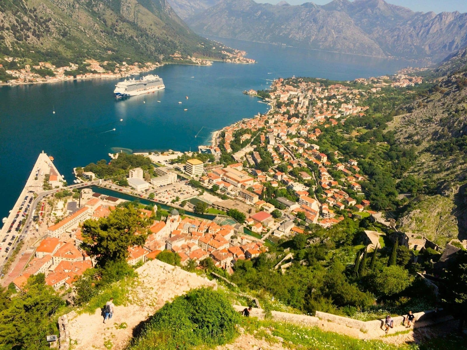 Une vue printanière lumineuse sur la Baie de Kotor, montrant la vieille ville, un bateau de croisière, des collines verdoyantes et entourée de montagnes spectaculaires.