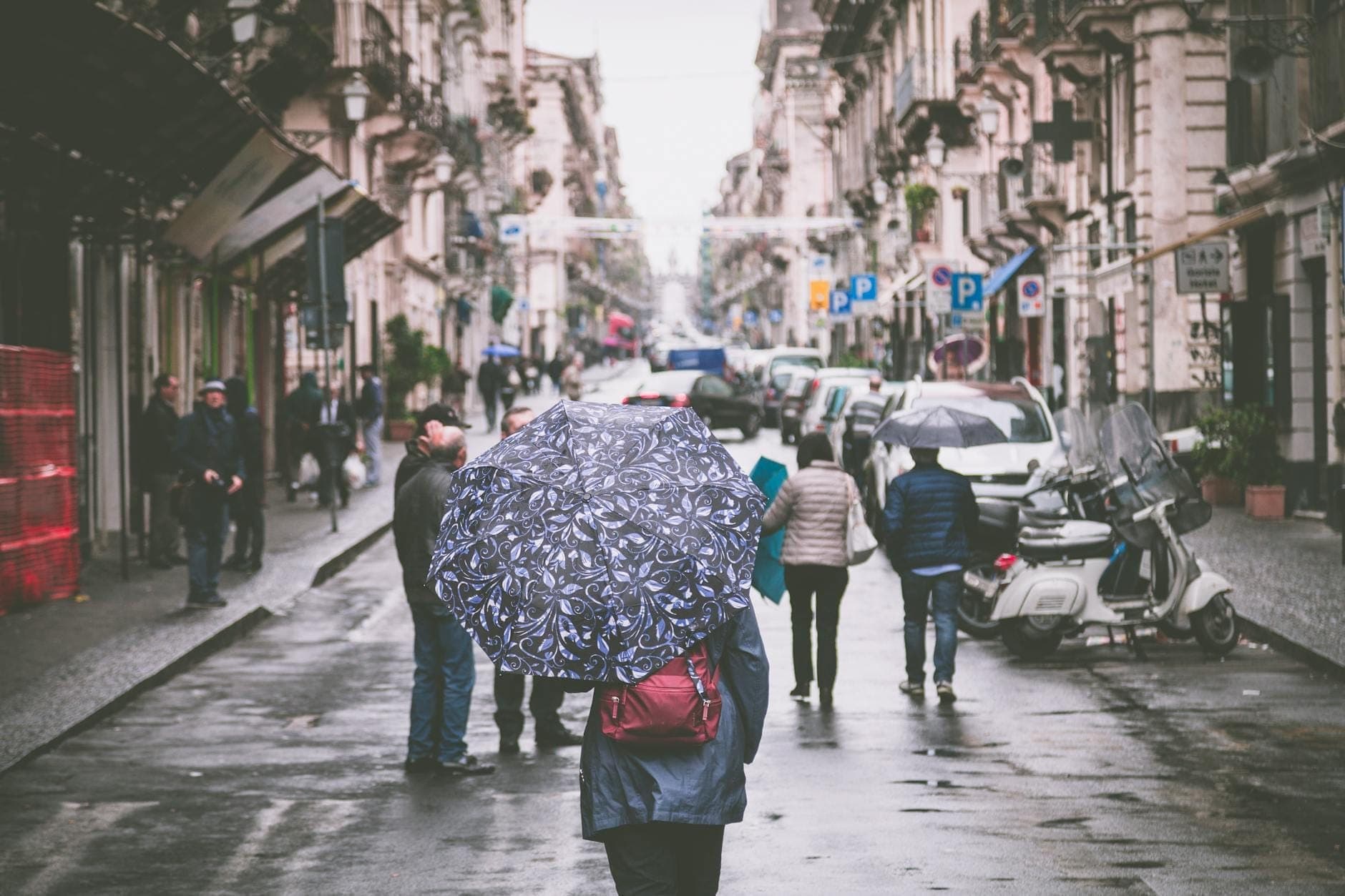 Persone camminano con ombrelli su una strada urbana bagnata fiancheggiata da edifici storici con tempo nuvoloso.