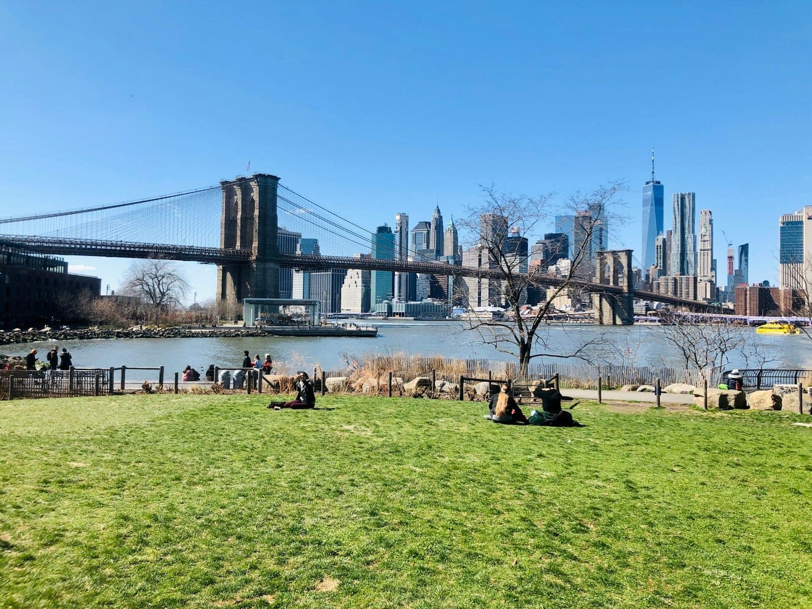 วิวของ Brooklyn Bridge และเส้นขอบฟ้าของ Manhattan จากสวนสาธารณะที่มีหญ้าเขียวขจี พร้อมผู้คนที่พักผ่อนใกล้ริมน้ำในวันที่มีแดดจ้า
