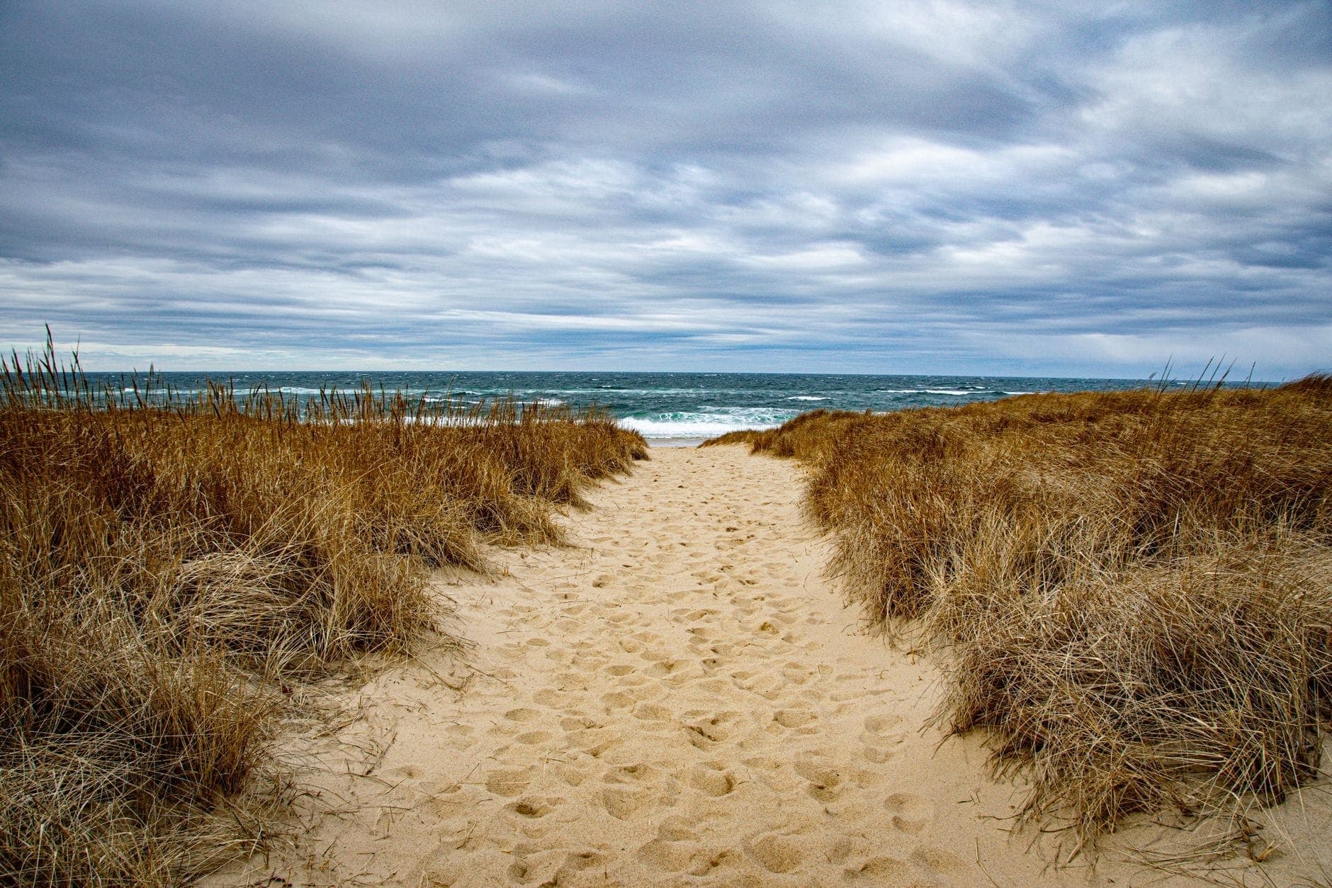 Chemin de plage sablonneux bordé d'herbes de dunes sèches menant à l'océan sous un ciel spectaculaire sur le North Shore.