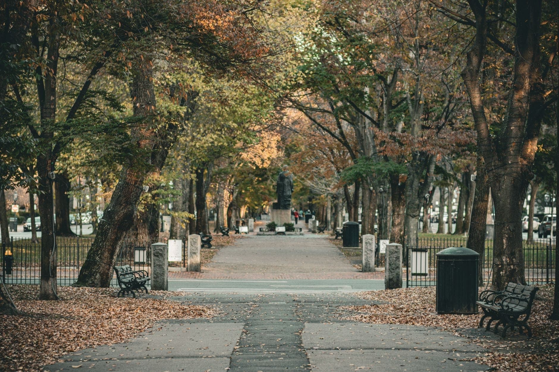 Allée bordée d'arbres avec des feuilles d'automne, des bancs de parc et une statue visible à Boston en automne.