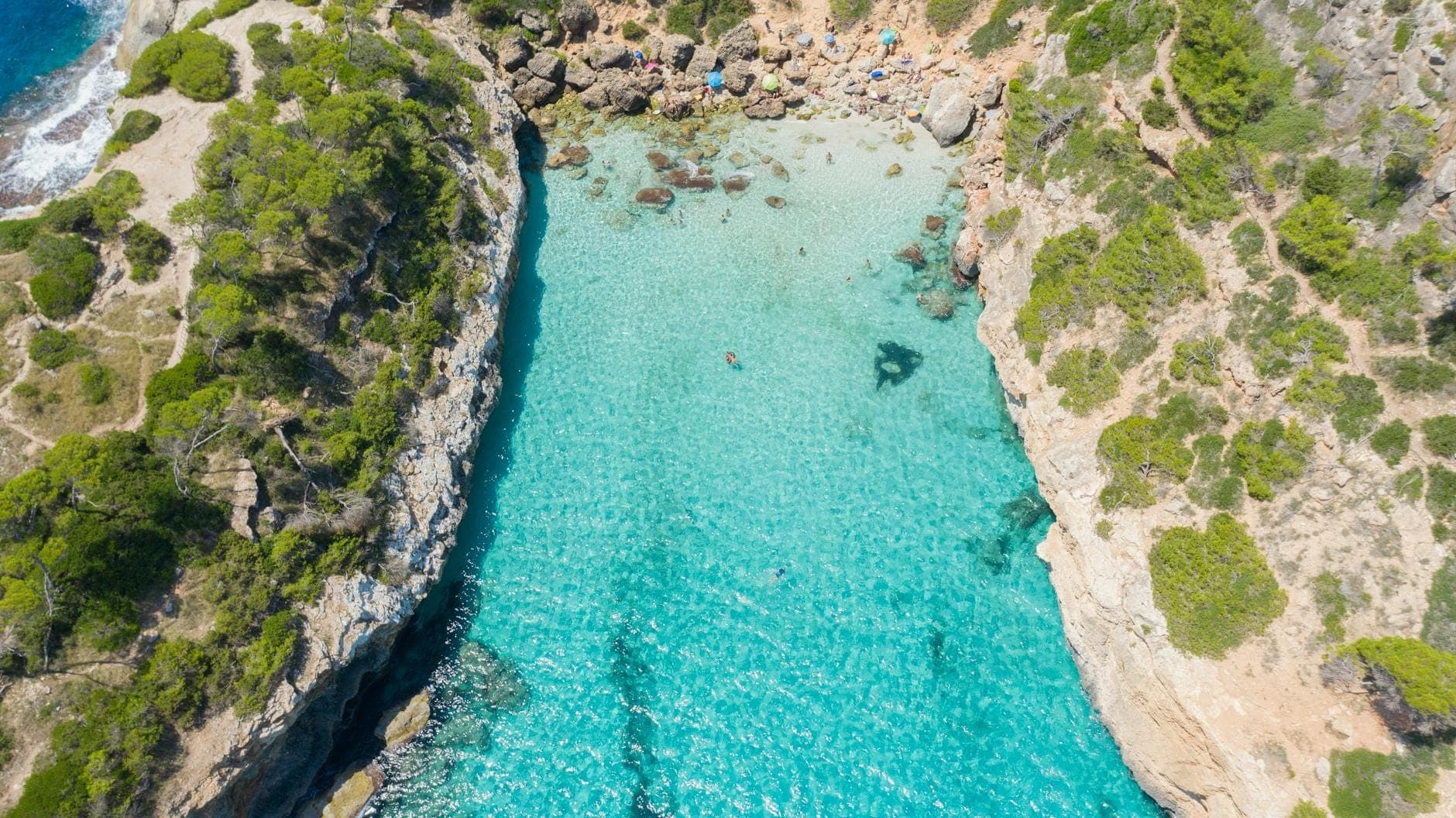 Luftaufnahme der schmalen türkisfarbenen Bucht Caló des Moro, umgeben von dramatischen Klippen und Pinien, mit einem kleinen Strand am Ende und kristallklarem Wasser.