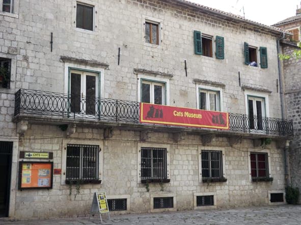 Façade en pierre du Cats Museum à Kotor, avec une bannière rouge du Cats Museum accrochée à un balcon au-dessus de l'entrée.