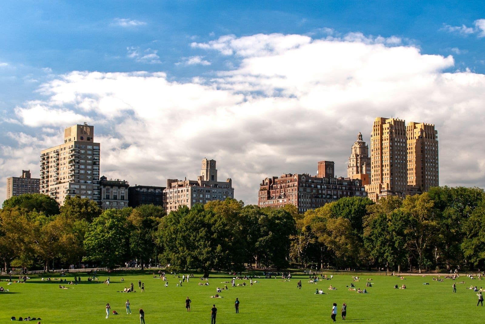 ผู้คนพักผ่อนและเล่นบนสนามหญ้า Great Lawn ใจกลางเซ็นทรัลพาร์ก มองเห็นตึกสูงเมืองแมนฮัตตันและท้องฟ้าสดใสเป็นฉากหลัง
