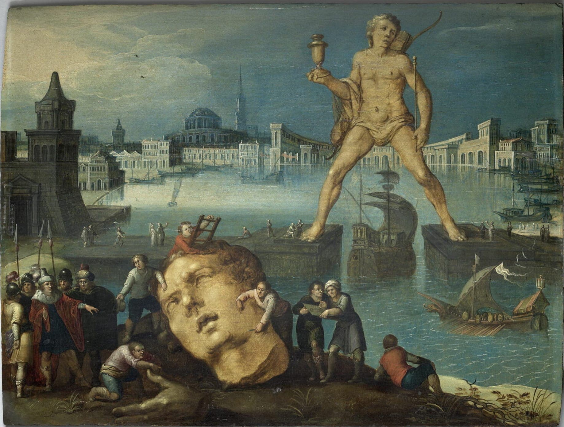 Peinture du Colosse de Rhodes dominant le port de Mandraki, avec des navires passant sous la statue et des bâtiments de la cité antique en arrière-plan.