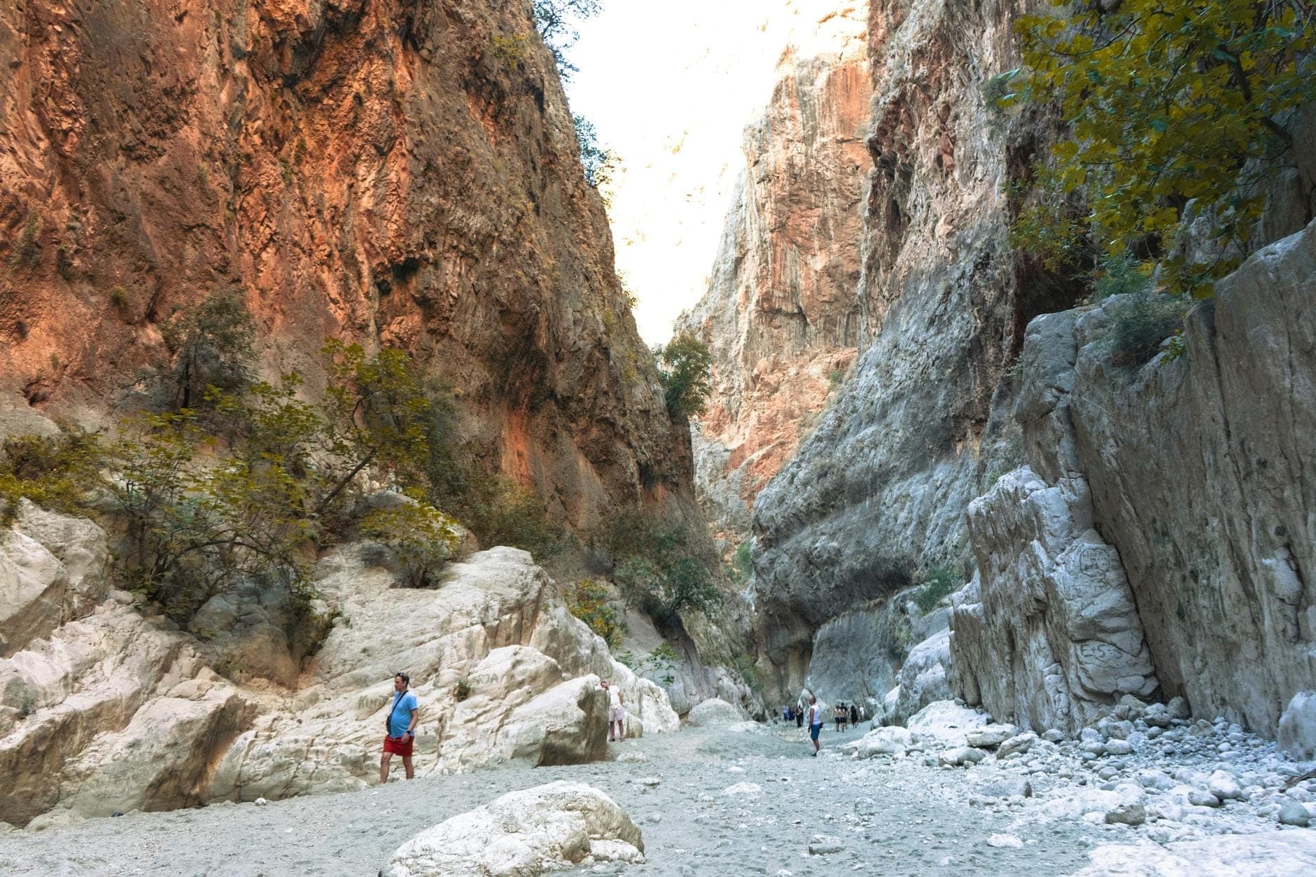 Weite Schlucht auf Kreta mit Wanderern, die entlang des felsigen Flussbetts laufen, umgeben von hohen Cañonwänden und vereinzelten Herbstbäumen.