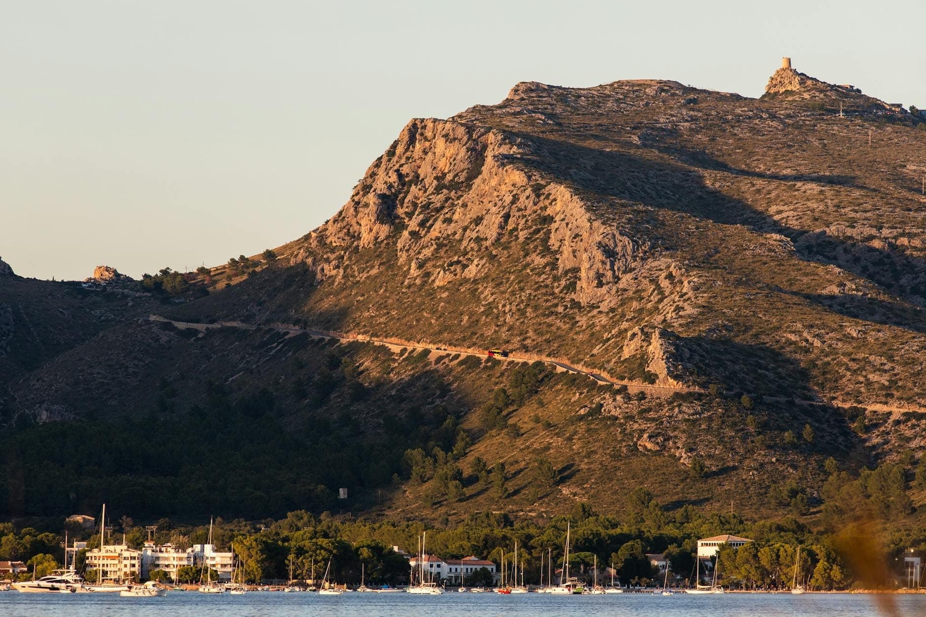 Sıcak güneş ışığı altında liman, binalar ve dağlık bir arka plana sahip Port de Pollença manzarası.
