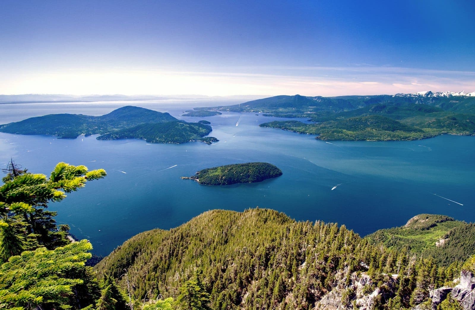 วิวกว้างจาก Cypress Mountain แสดงให้เห็นเนินเขาที่ปกคลุมด้วยป่าไม้ น้ำทะเลสีฟ้า และเกาะสีเขียวหลายเกาะภายใต้ท้องฟ้าแจ่มใสและแดดสดใส