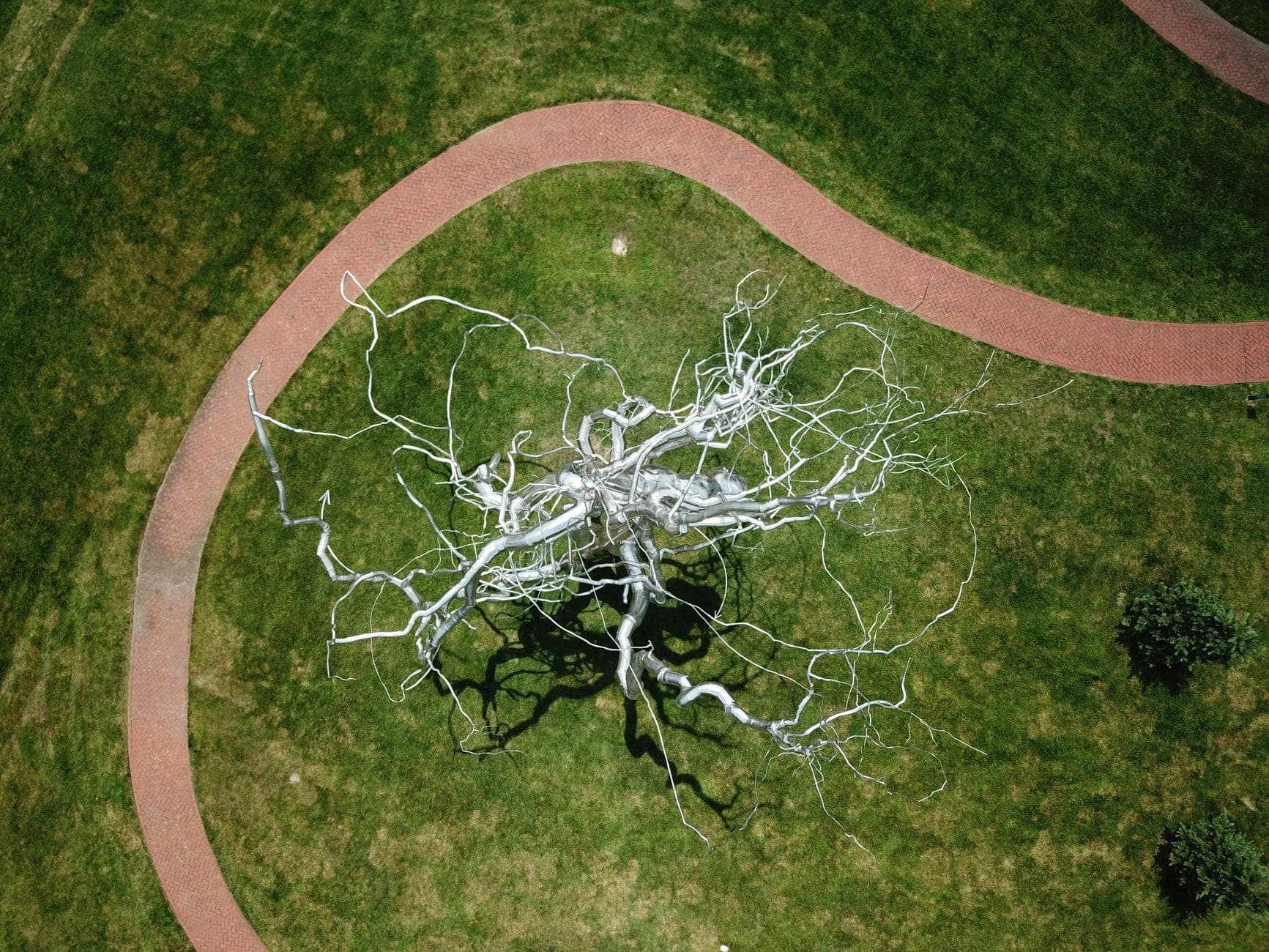 Vue aérienne d'une remarquable sculpture d'arbre argenté entourée de chemins sinueux en brique dans un parc verdoyant.