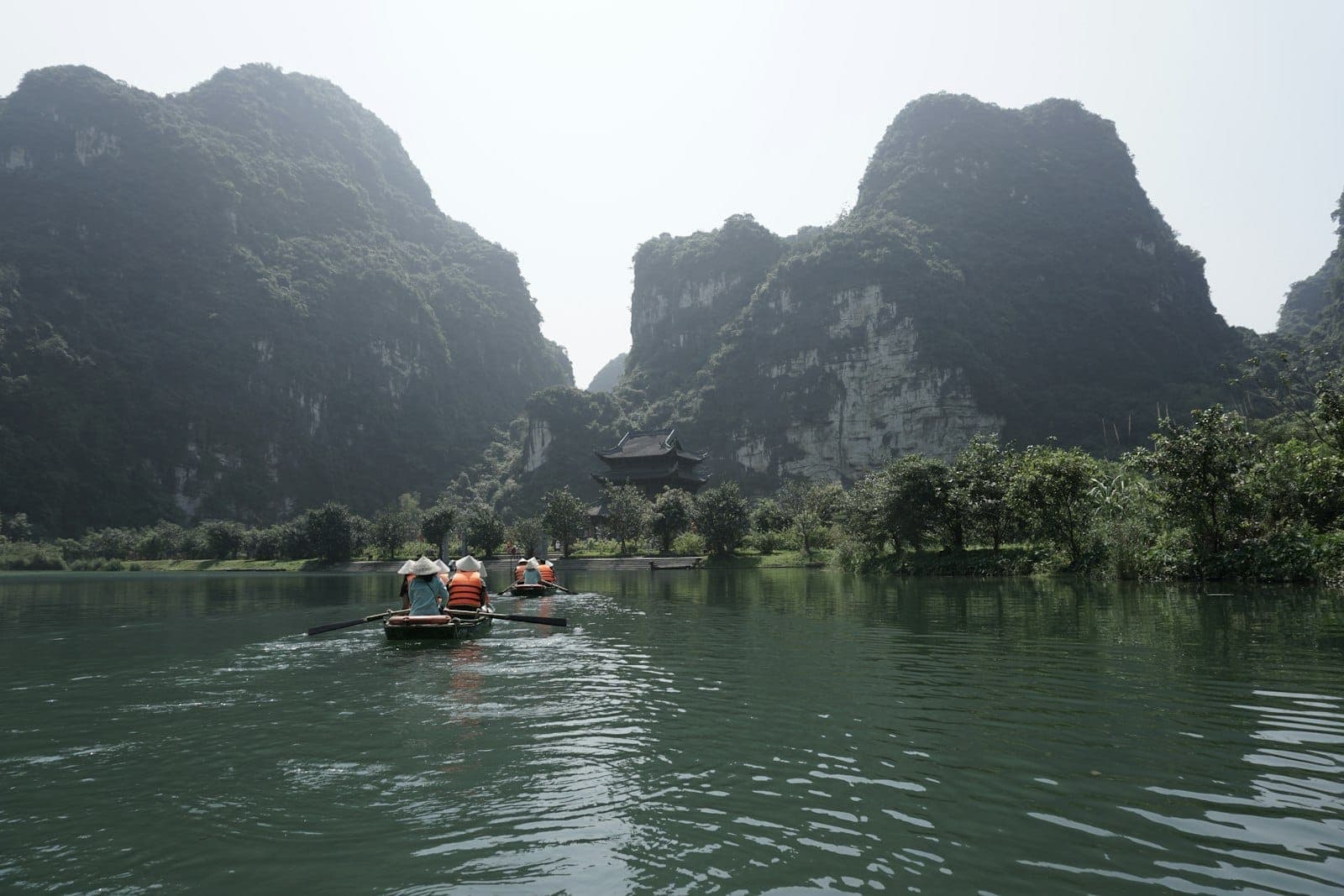 Des touristes en gilets de sauvetage sur des barques glissent sur l'eau encadrée par des formations karstiques calcaires spectaculaires et une végétation luxuriante à Ninh Bình, Vietnam.
