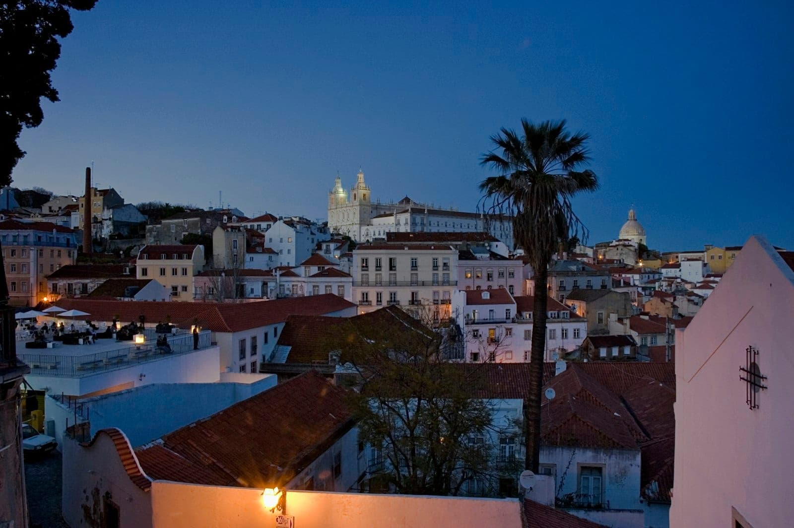 Vista noturna sobre os telhados e monumentos de Lisboa na Alfama, com as luzes da cidade e uma palmeira em silhueta contra o céu.