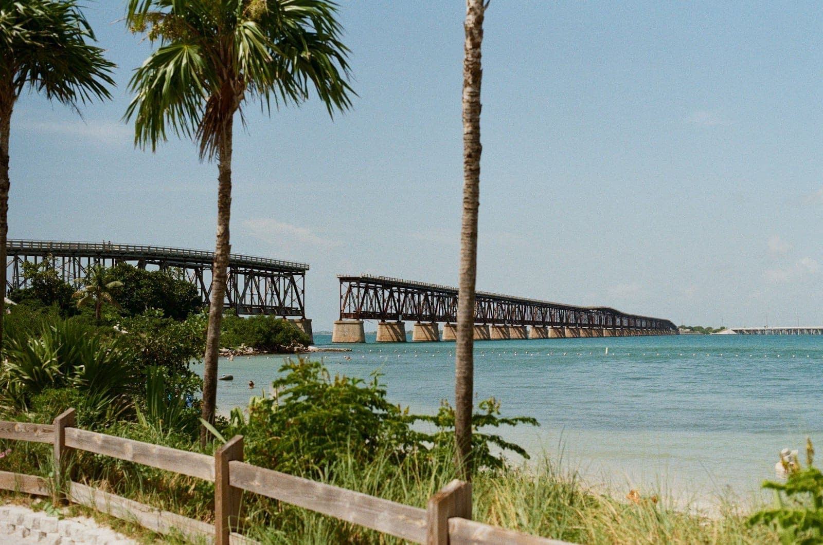 Old Bahia Honda Rail Bridge stretches over turquoise water, framed by palm trees and beach foliage under a sunny Florida Keys sky.