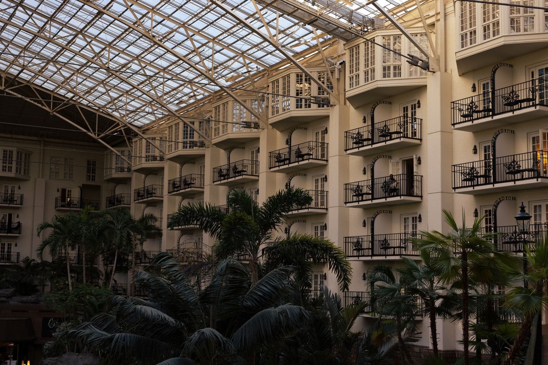 Vista interna di un grande atrio coperto in un ampio resort, con balconi affacciati su rigogliose palme e un soffitto di vetro.