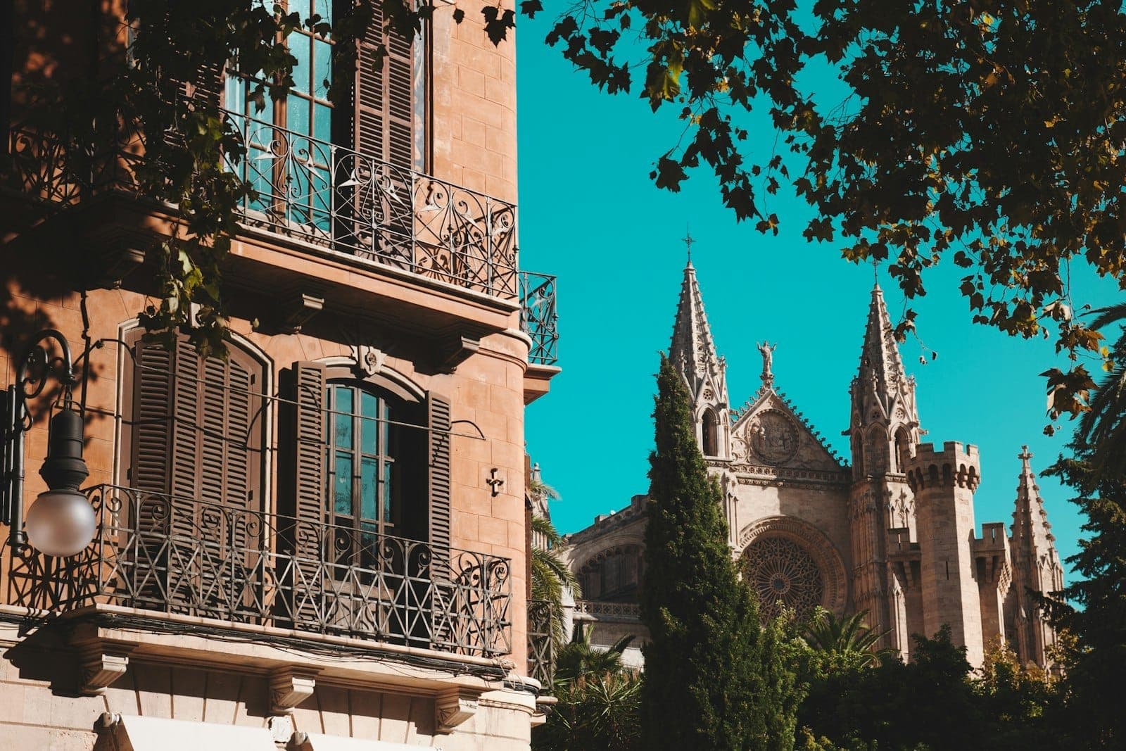 Blick auf die Türme der Kathedrale von Palma, die über belaubte Bäume ragen, neben einem traditionellen mallorquinischen Gebäude mit Holzläden und schmiedeeisernen Balkonen.