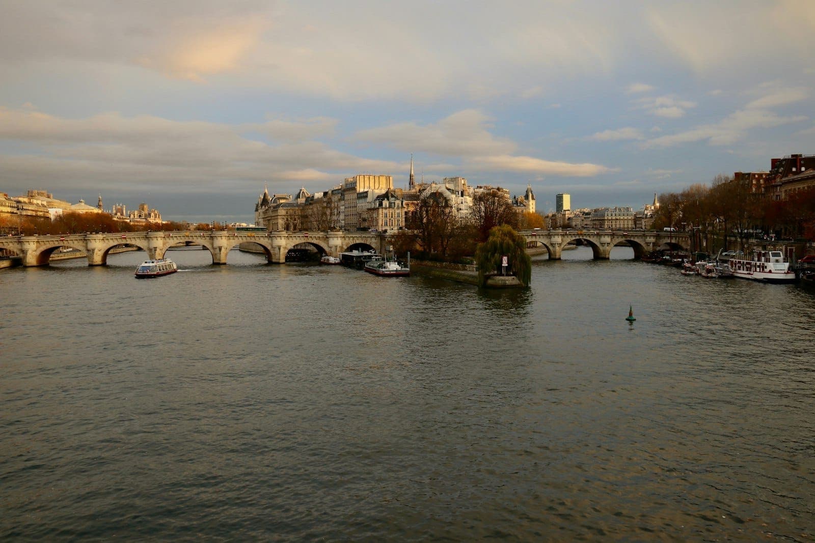 View from the Seine river showing Île de la Cité with its historic buildings and arched bridges at sunset, Paris cityscape in soft golden light.
