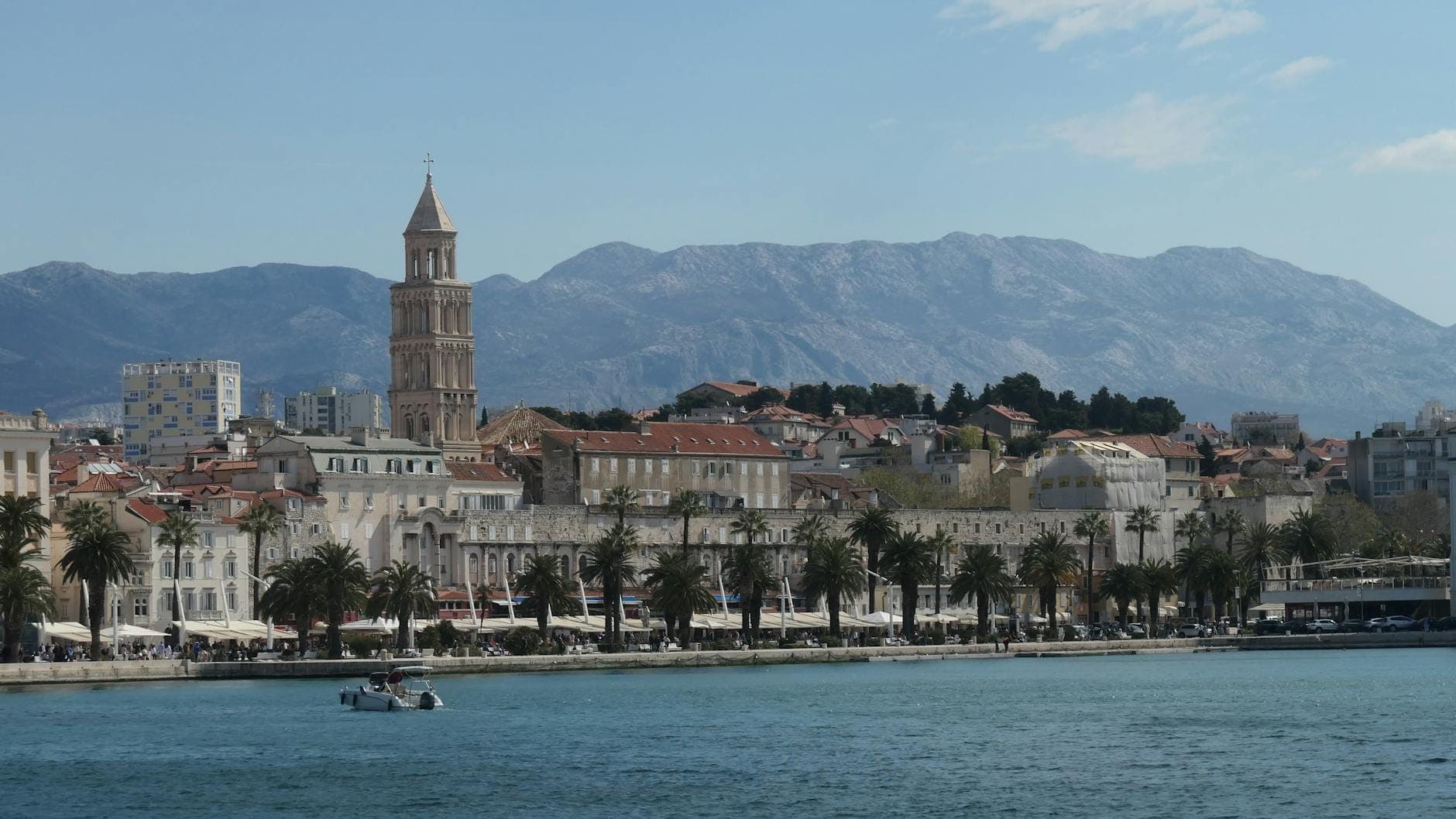Vista panoramica del lungomare di Spalato, Croazia, con la passeggiata della Riva, palme e un campanile, sullo sfondo delle montagne.