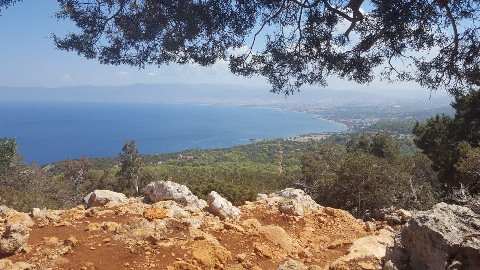 Vue panoramique sur la côte depuis un plateau rocheux avec une mer bleue, une forêt verdoyante et des collines au loin sous un ciel dégagé, évoquant les paysages de la côte nord-ouest de Rhodes.