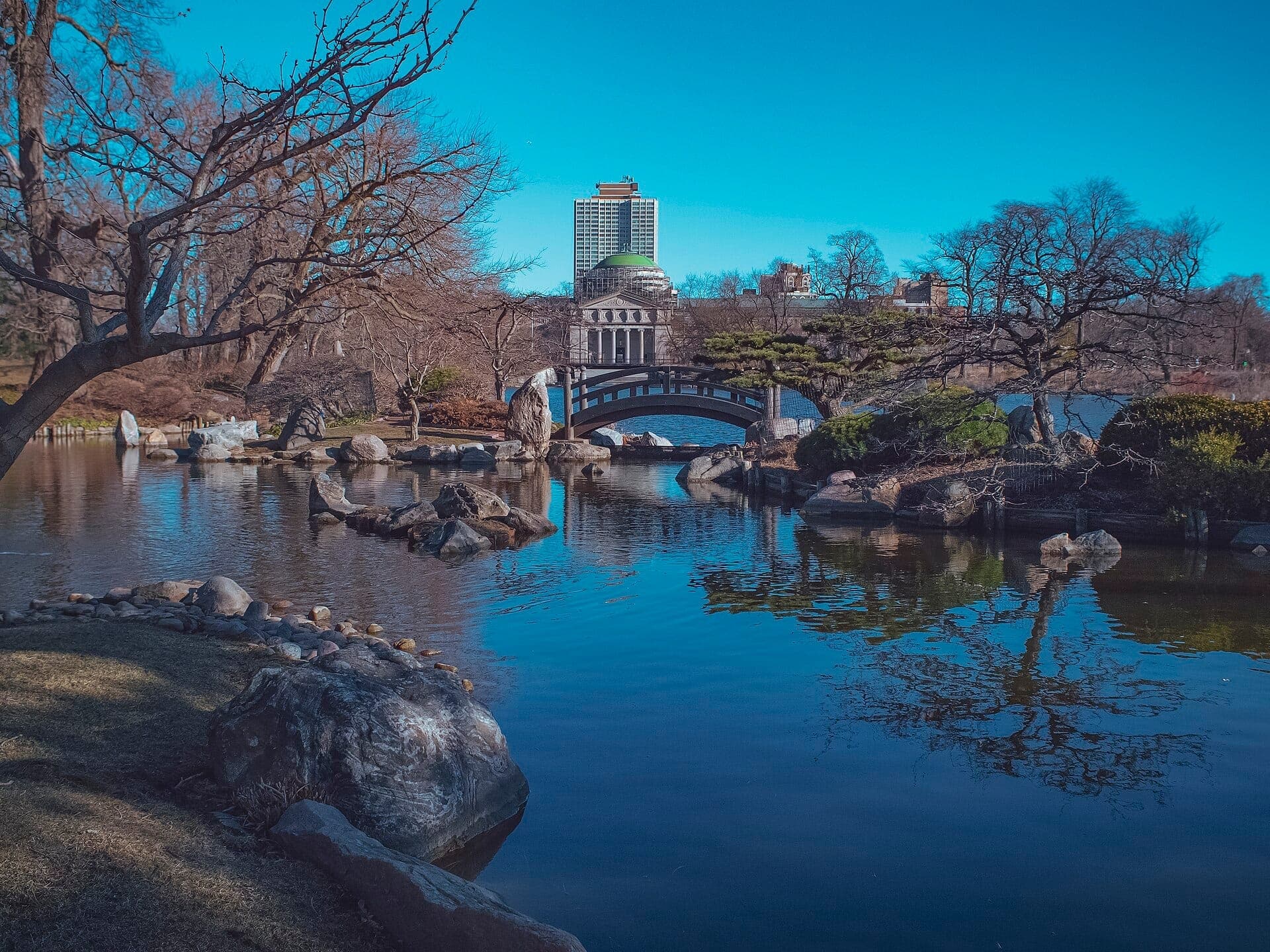Vista del Osaka Garden en Wooded Island en Jackson Park, con un puente curvo, un estanque tranquilo, rocas y edificios de la ciudad al fondo.