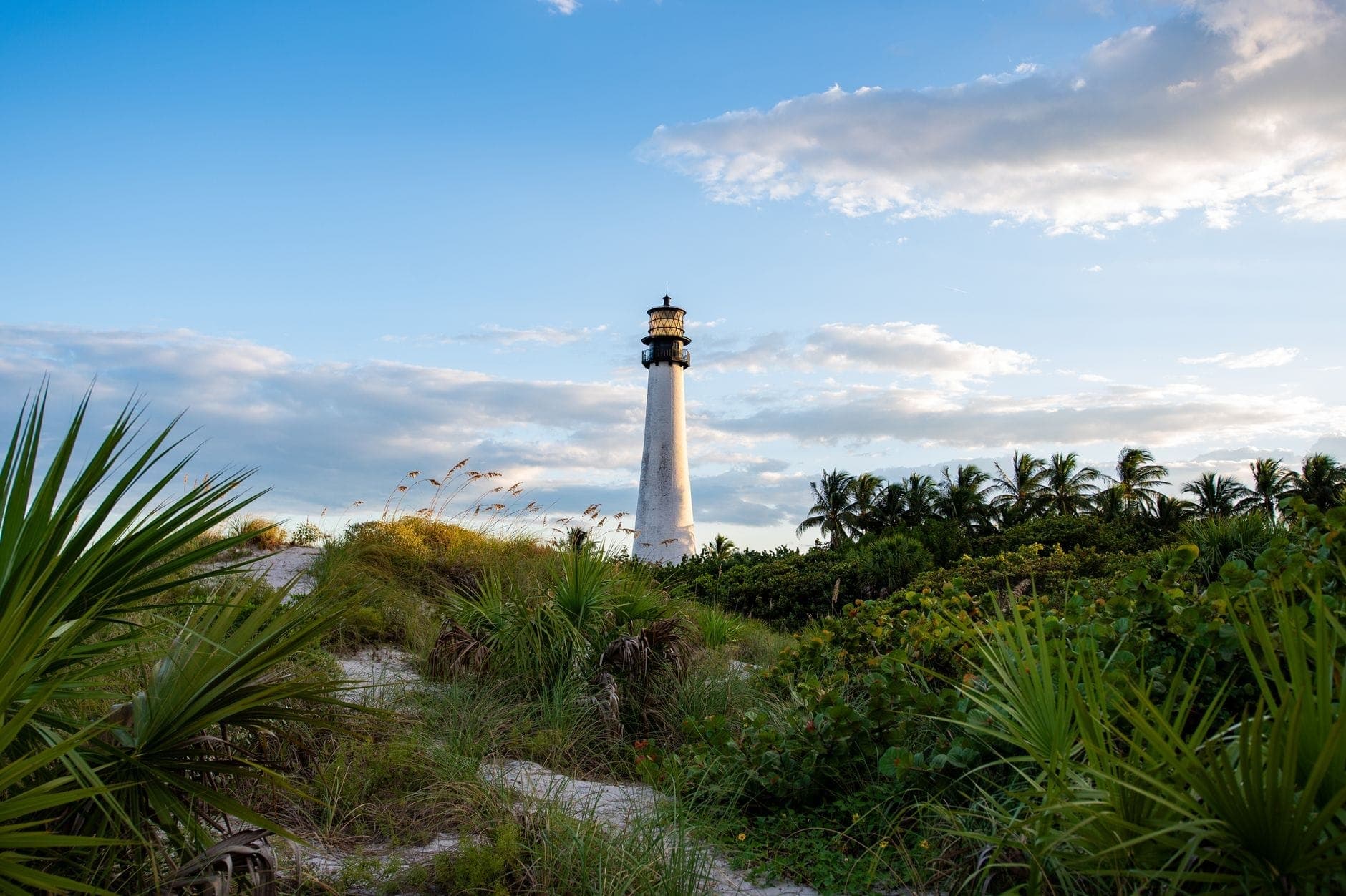 White lighthouse rises above lush green dunes and palm trees under a blue sky at Key Biscayne, with soft sunlight and scattered clouds.