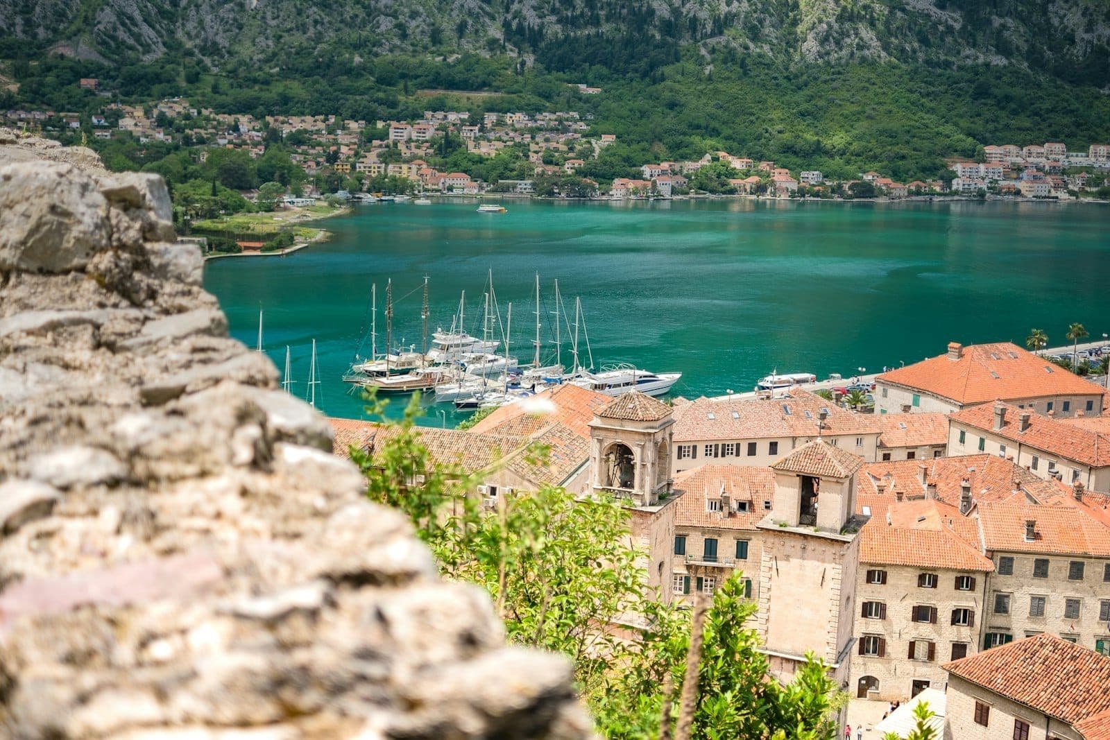 Vue de la vieille ville de Kotor avec ses toits de tuiles rouges, ses bâtiments en pierre et sa marina remplie de yachts face à la turquoise Baie de Kotor.