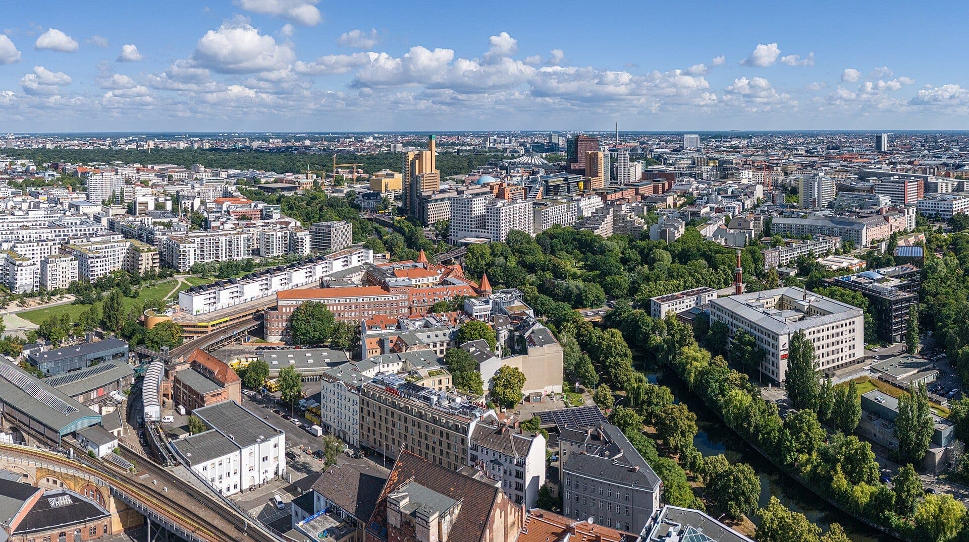มุมมองทางอากาศของ Kreuzberg กรุง Berlin แสดงให้เห็นตึกรามบ้านช่อง สวนสาธารณะร่มรื่น รางรถไฟ และอาคารสมัยใหม่และประวัติศาสตร์ที่โดดเด่นใต้ท้องฟ้าสีฟ้า