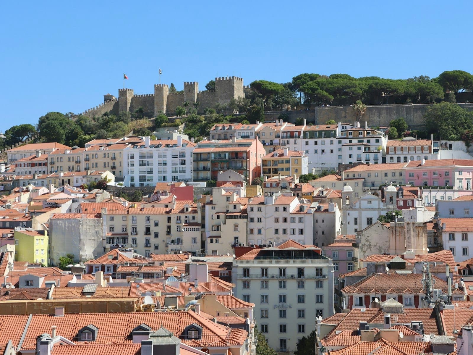 Vista ampla do bairro de Alfama em Lisboa com o Castelo de São Jorge no topo do morro, edifícios históricos e vegetação exuberante sob um céu azul limpo.