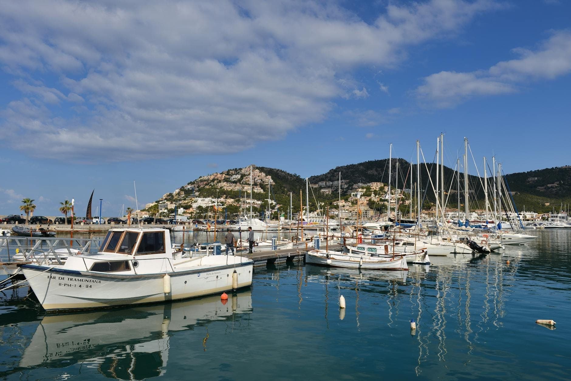 Sonnige Marina in Mallorca mit vielen Segelbooten und Yachten, Hügeln mit Häusern im Hintergrund und ruhigem blauem Wasser unter teils bewölktem Himmel.