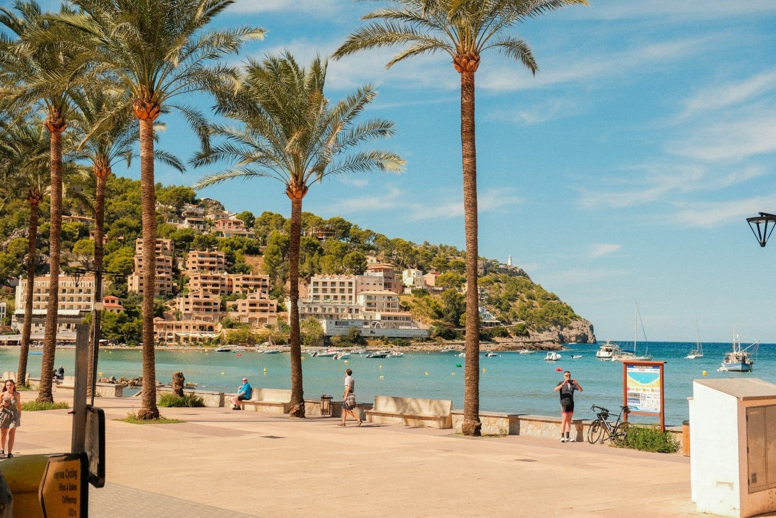 Palmen säumen die Strandpromenade in Port de Sóller, mit Gebäuden am Hang, türkisfarbenem Wasser und Booten unter einem klaren blauen Himmel.