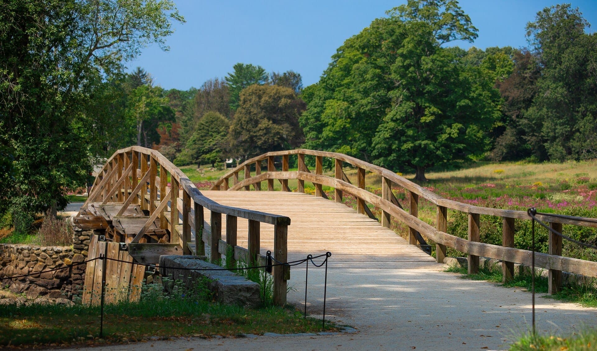 Le North Bridge en bois historique au Minute Man National Historical Park, entouré d'arbres verts et de fleurs sauvages sous un ciel bleu vif.