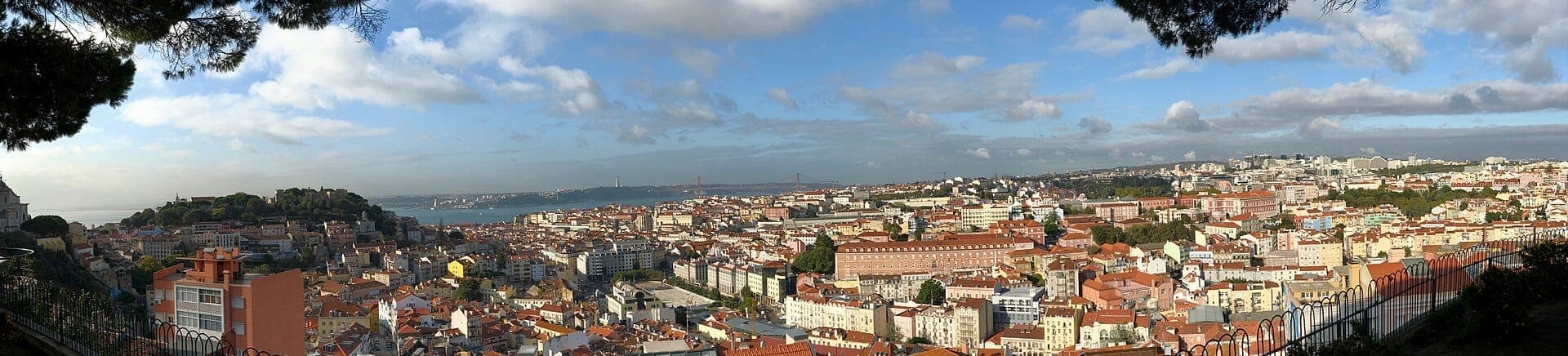 Ampla vista panorâmica do Miradouro da Senhora do Monte mostrando os telhados de Lisboa, o Castelo de São Jorge, o rio Tejo e as pontes ao fundo sob um céu parcialmente nublado.