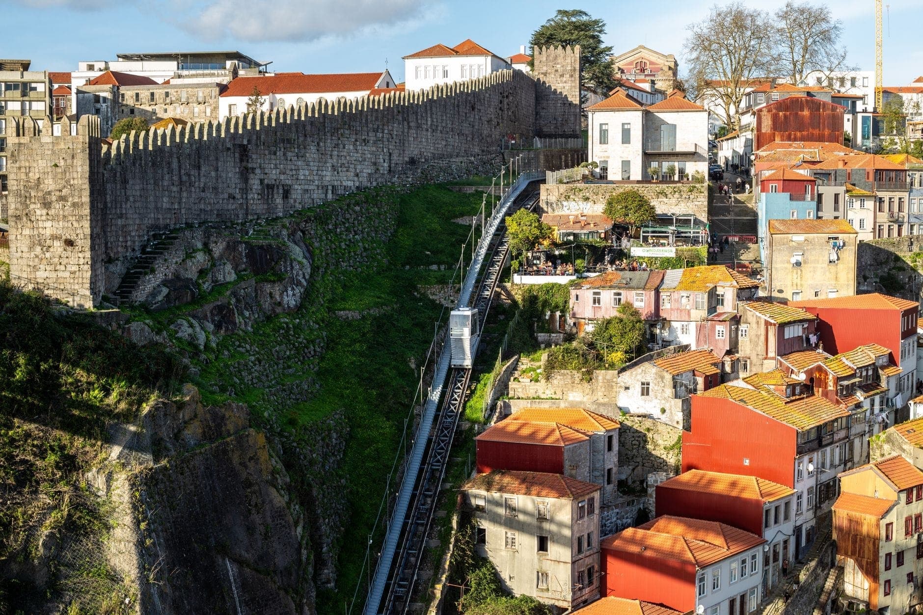 Steinerne Zinnen der Muralha Fernandina verlaufen an einem steilen Hügel entlang, über bunten Häusern in Porto, mit einer Standseilbahn und blauem Himmel im Hintergrund.