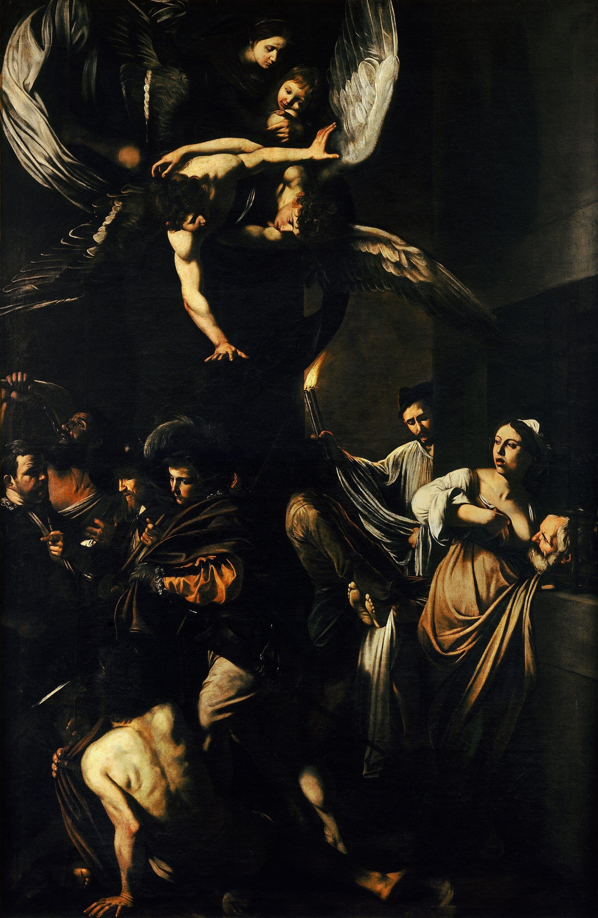 Dramática pintura barroca mostrando múltiplas figuras, anjos e intensos contrastes de luz e sombra nas Sete Obras de Misericórdia de Caravaggio em Nápoles.
