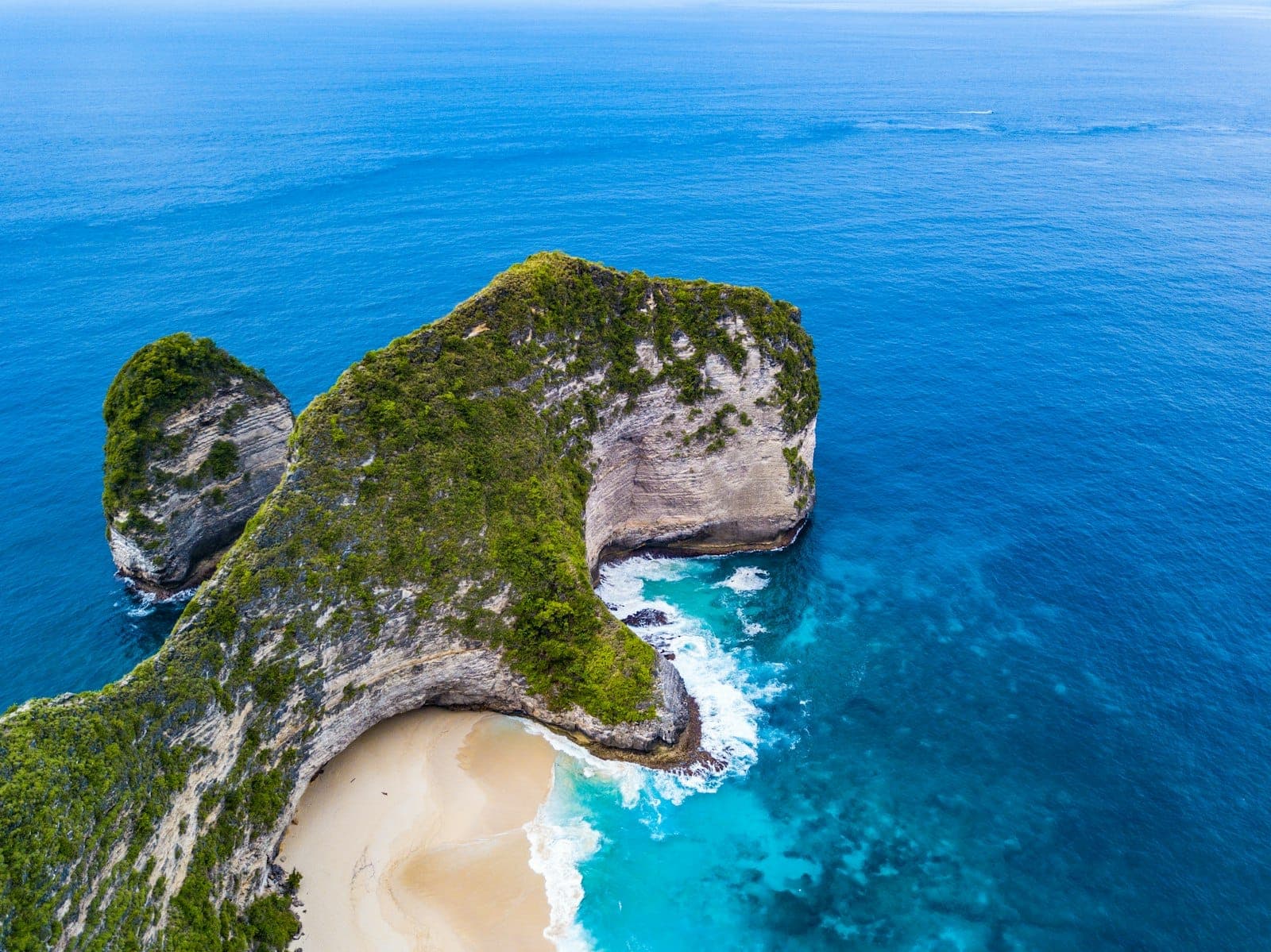 Dramatic T-Rex shaped limestone cliffs overlooking turquoise waters at iconic Kelingking Beach in Nusa Penida, Bali