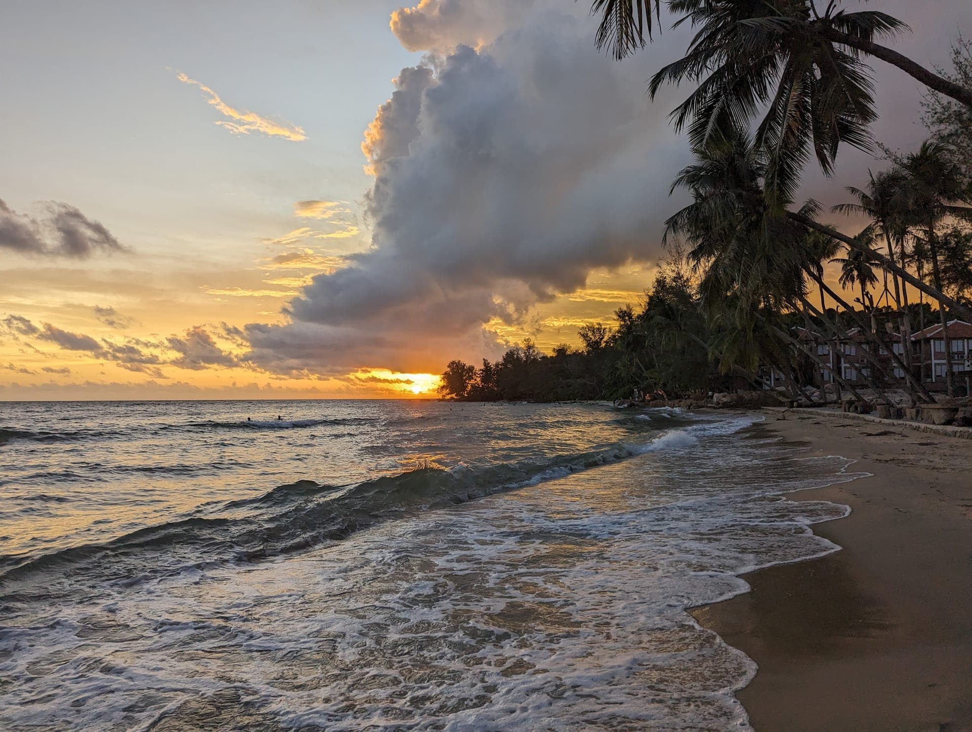 Ong Lang Beach au coucher du soleil avec palmiers, vagues douces et lumière dorée le long du rivage
