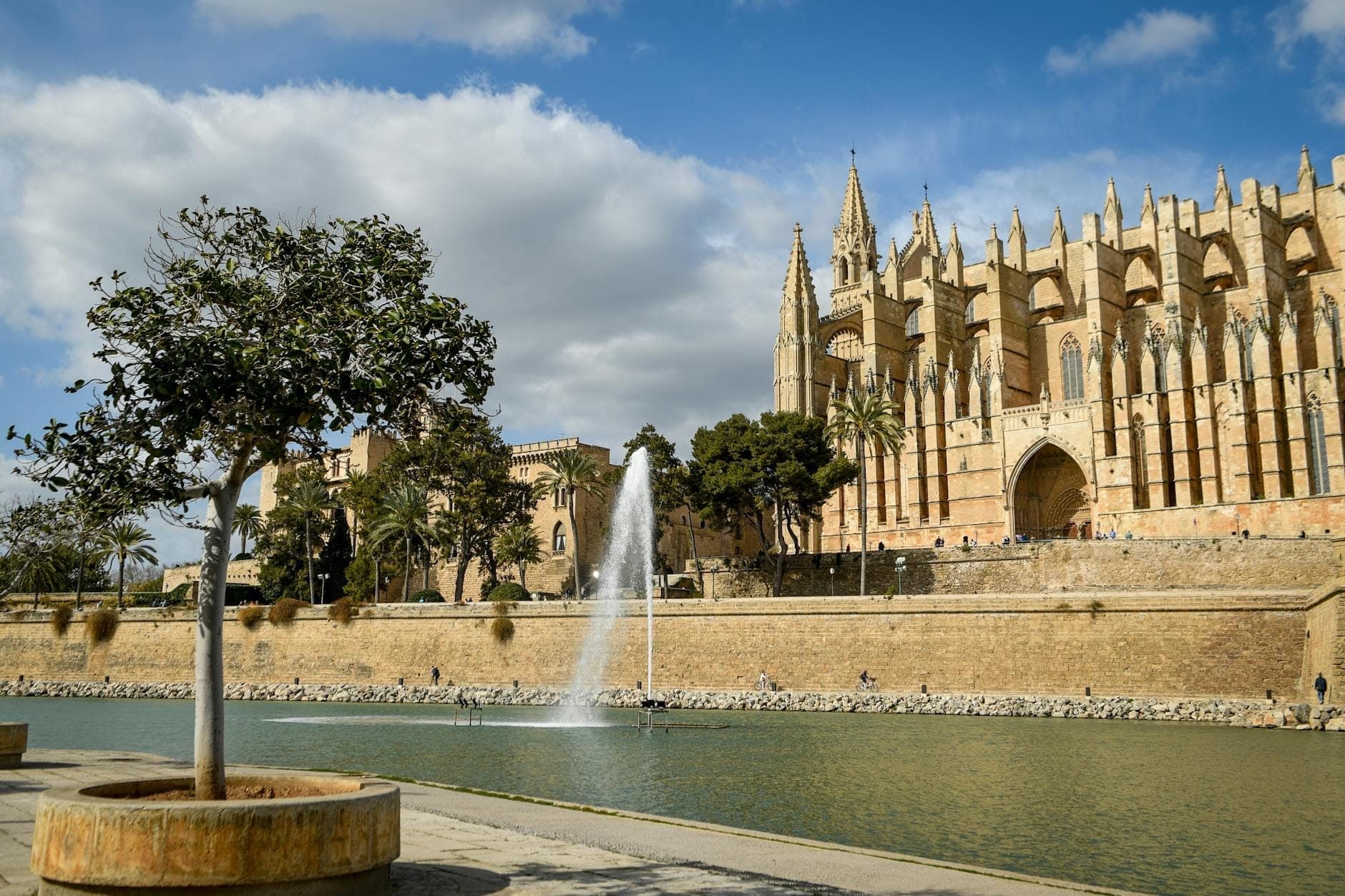 Der Parc de la Mar in Palma mit der goldenen Fassade der Kathedrale, die sich im künstlichen See spiegelt – blauer Himmel und ein Springbrunnen im Vordergrund.