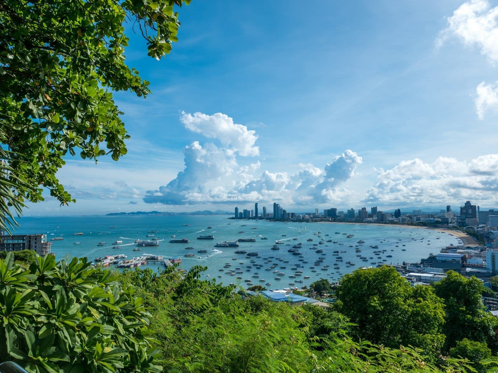 Panoramic view of Pattaya Bay with numerous boats on the blue water, city skyline in the background, and lush greenery in the foreground under a bright sky.