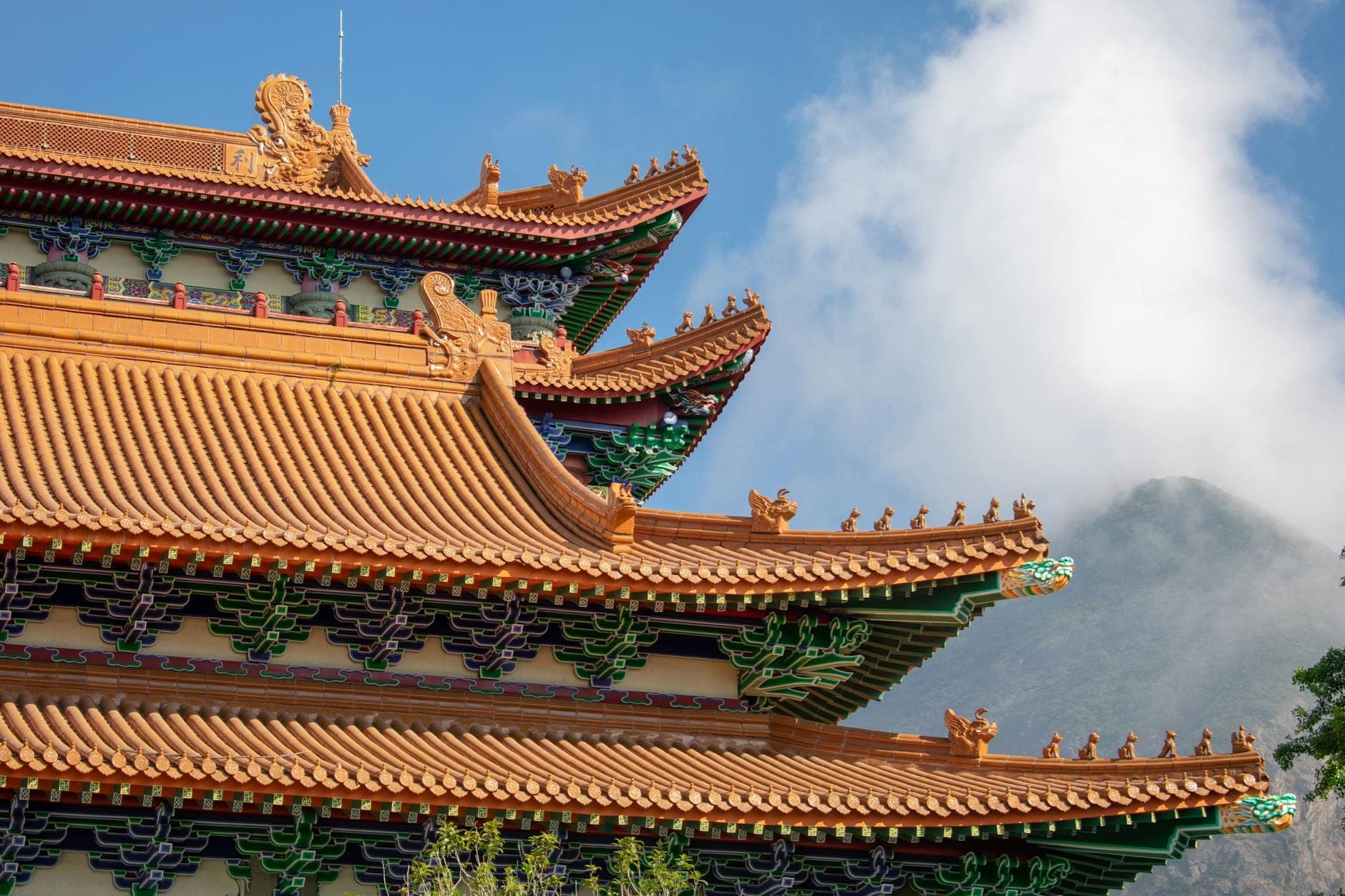 Ornate rooftop of Po Lin Monastery Buddhist temple in Lantau Island