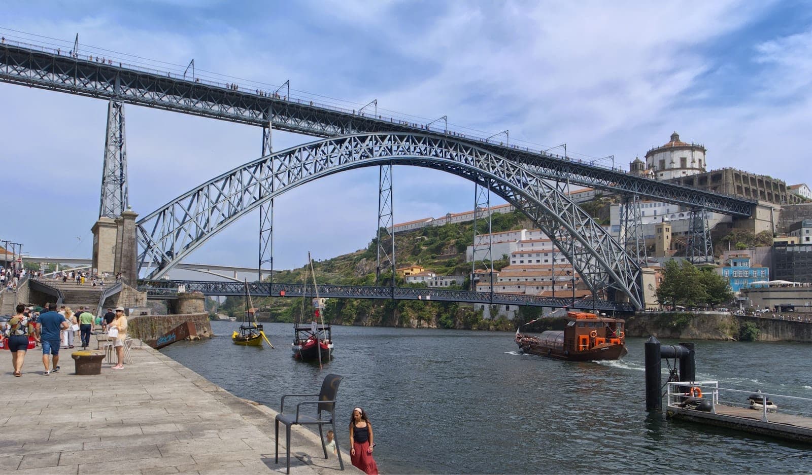 Brücke Dom Luís I über den Fluss Douro, mit Spaziergängern entlang der Ribeira-Uferpromenade in Porto und Booten auf dem Wasser.