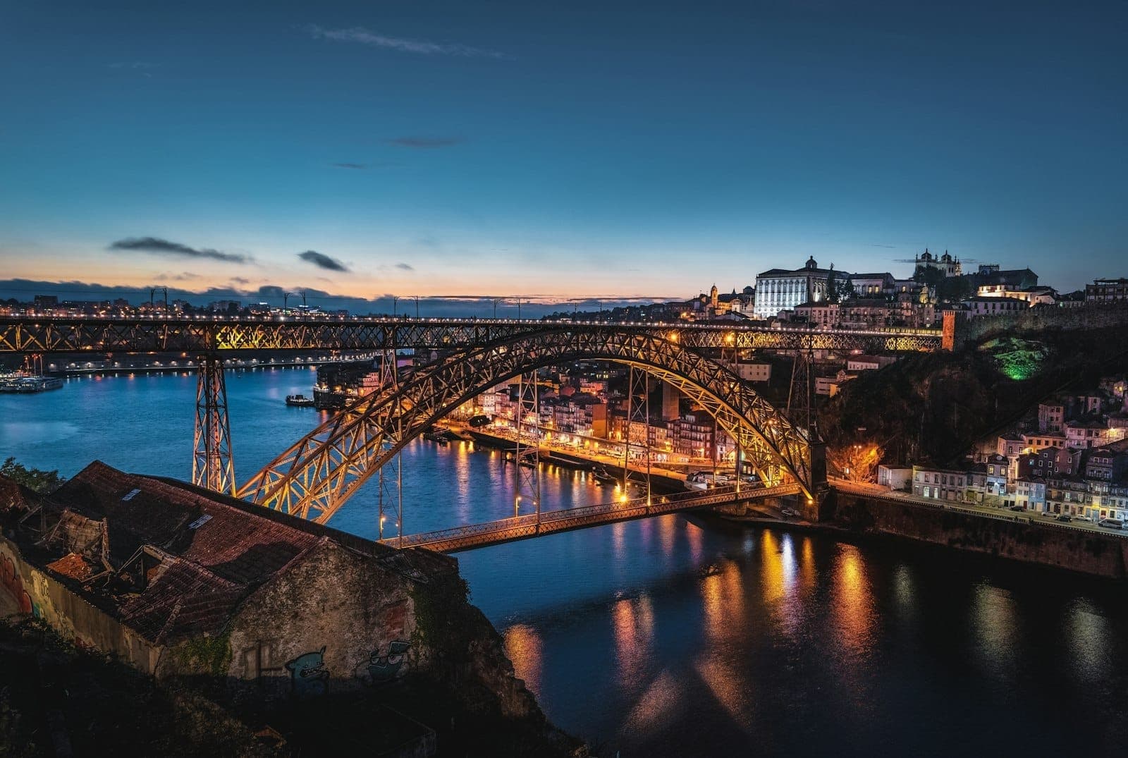 Dramatische Abenddämmerung über der Dom-Luís-I-Brücke in Porto, die den Douro überspannt – beleuchtete Stadtgebäude und ihr Spiegelbild schimmern auf dem Wasser.